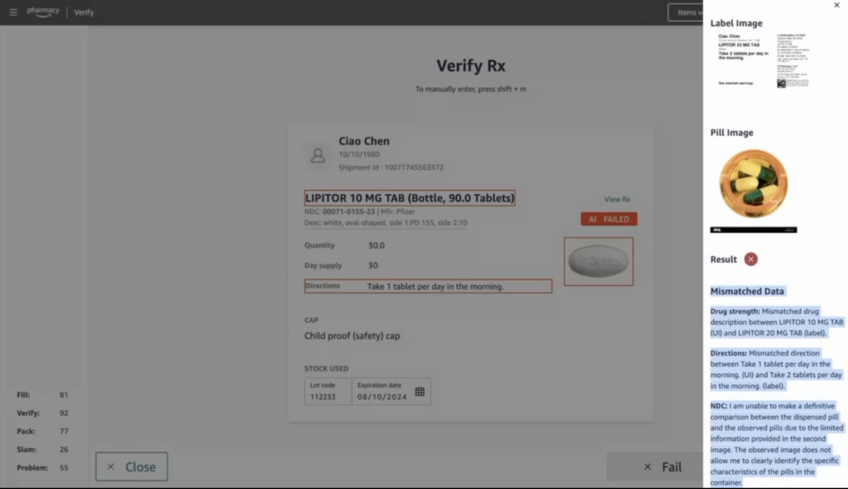 Prescription verification screen listing specific mismatches found between the label, the order, and the dispensed product, using demonstration data