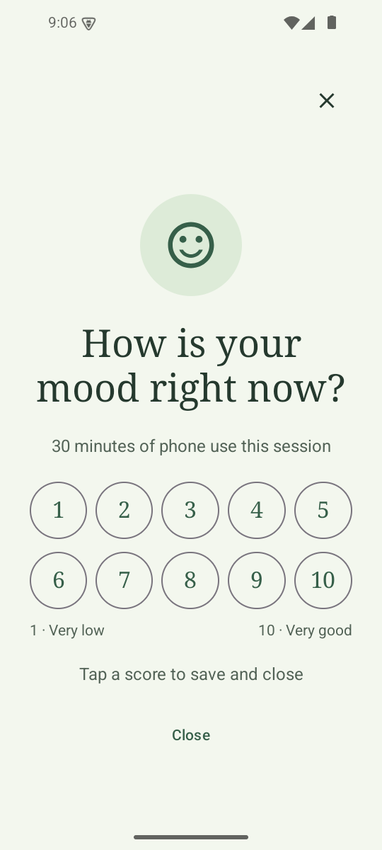 PhoneMood check-in prompt asking for a mood rating from one to ten after a period of active phone use